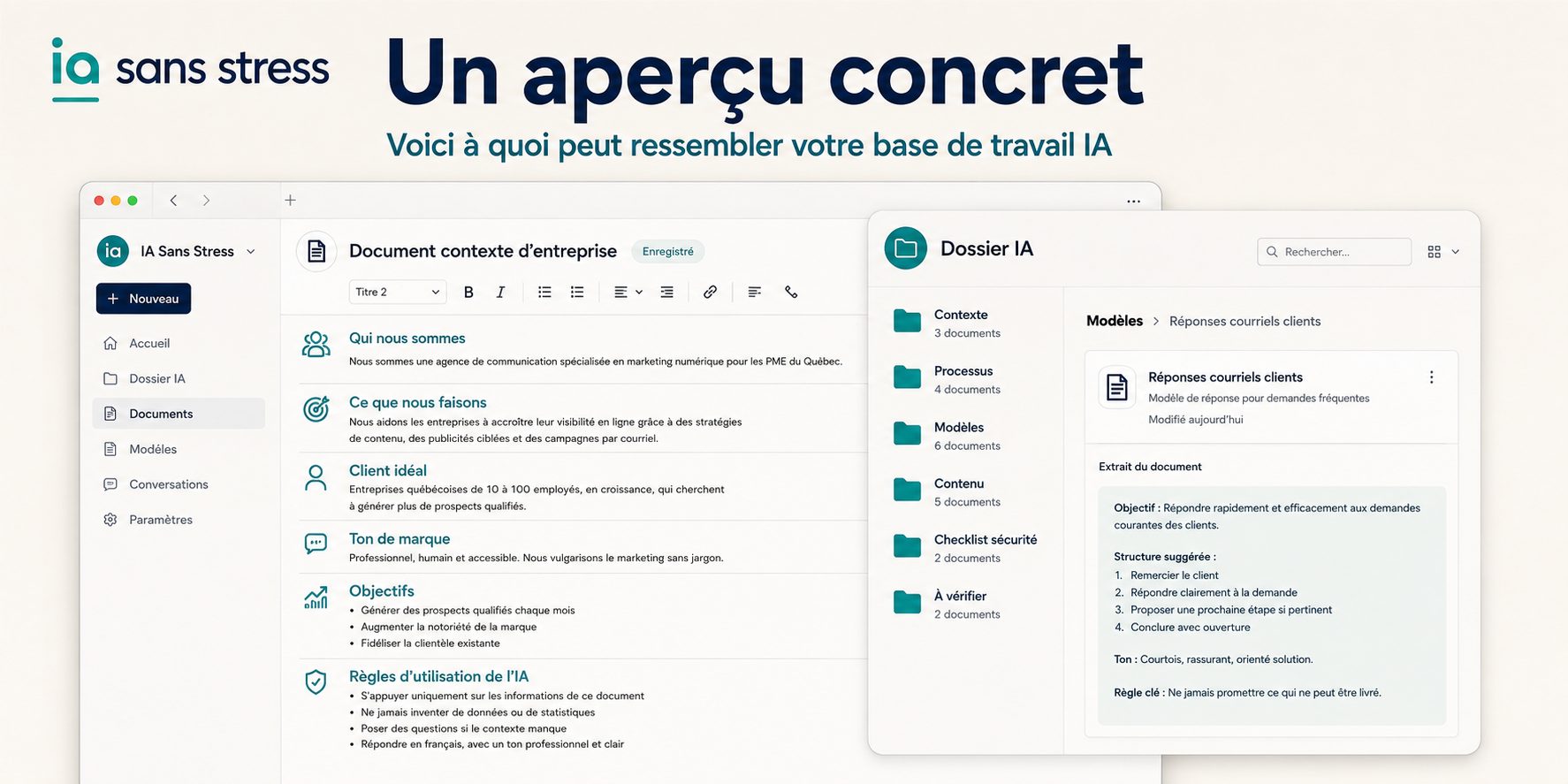 Un aperçu concret de votre base de travail IA : document contexte d'entreprise et dossier IA organisé